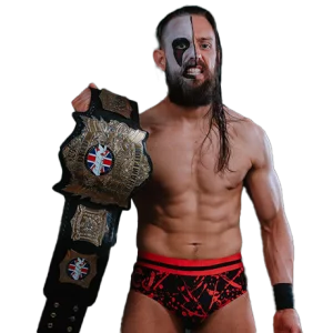 CJ Carter stands with his face half painted and holding the win wrestling championship in his right hand.