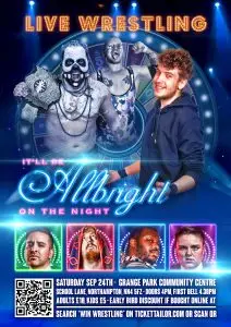 A predominantly blue poster for It'll be albright on the night designed in a gamshow style ift features mainy Bagheera, Jason Joshua, Connor Allbright, then in smaller boxes Cash Money Sash, Alex Conners, Morgan Black and Joey Cement.