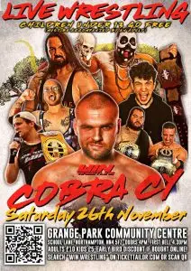 Cobra Cy Poster featuring Cy Gregory front and centre. behing him are Josdepth Testament, Money Mountian Jason Joshua, Connor Allbright, David Grant and Bagheera in a style similar to Cobra kai