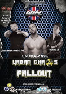 The man know as Fowler, Anthony Mafia and Kid Max stand in front of a post apocalyptic background with the words Urban Chaos Fall out in front