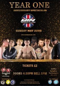 Year one in bronxe gold writing sits aboth the win logo and the date with a group of wrestlers from left to right. George James, Kid Max, Noah Blade, Ross Lee, Morgan Black, Man Known as Fowler, Dangerzone Adam Adams and Dean. Graves