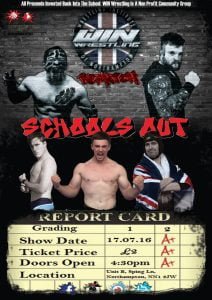 A graphited man known as fowler and bagheera are on a wall with the words school's out beneath them and then picutres of Geroge James, Ross Lee and Benjamin Shelly posed above a mock school report with show information on,