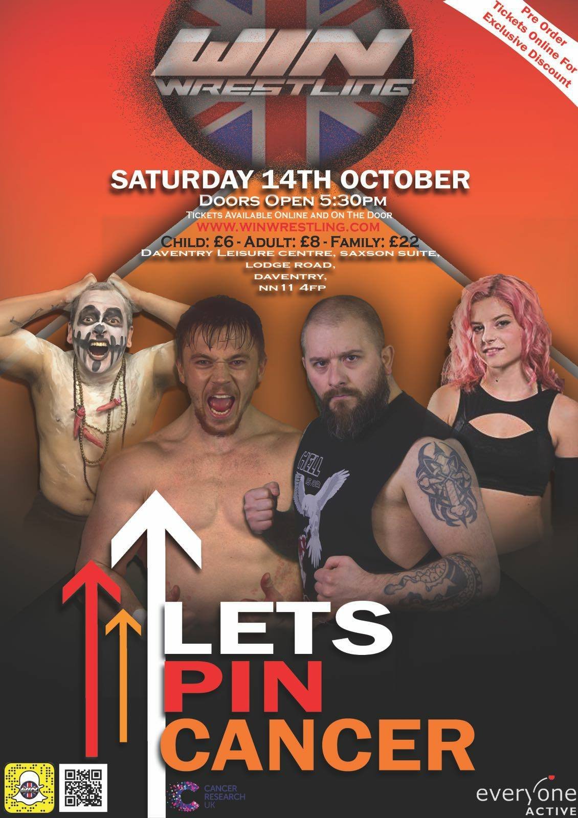 A predominantly orange poster with Bagheera, Ross Lee, Darryl Flynn and Candyfloss with the words Lets Pin Cancer in they style of Channel 4 Stand up to cancer logo