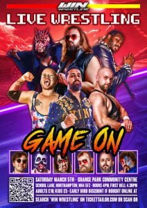 This poster is designed to look like a fighting video game with energy bars at the a red and purple back ground a group of wrestlers posed in the middle lead by RJ Singh with other wrestlers in boxes below with the words game on above them