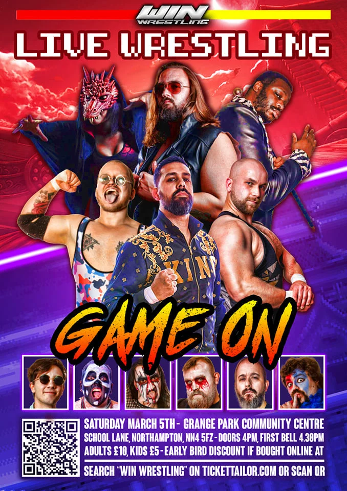 This poster is designed to look like a fighting video game with energy bars at the a red and purple back ground a group of wrestlers posed in the middle lead by RJ Singh with other wrestlers in boxes below with the words game on above them