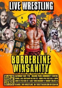 A poster losely based around the designs of computer game Boarderlands that is predominantly orange and Yellow CJ Carter stands holding the WIN title surrounded by other wrestlers on the show.