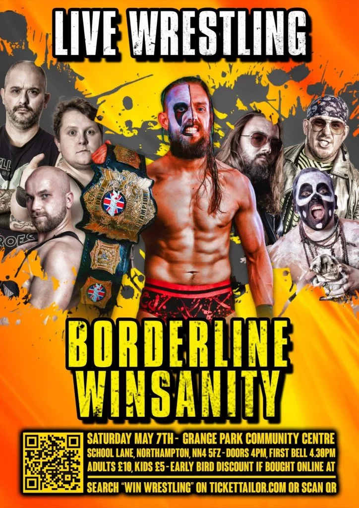 A poster losely based around the designs of computer game Boarderlands that is predominantly orange and Yellow CJ Carter stands holding the WIN title surrounded by other wrestlers on the show.