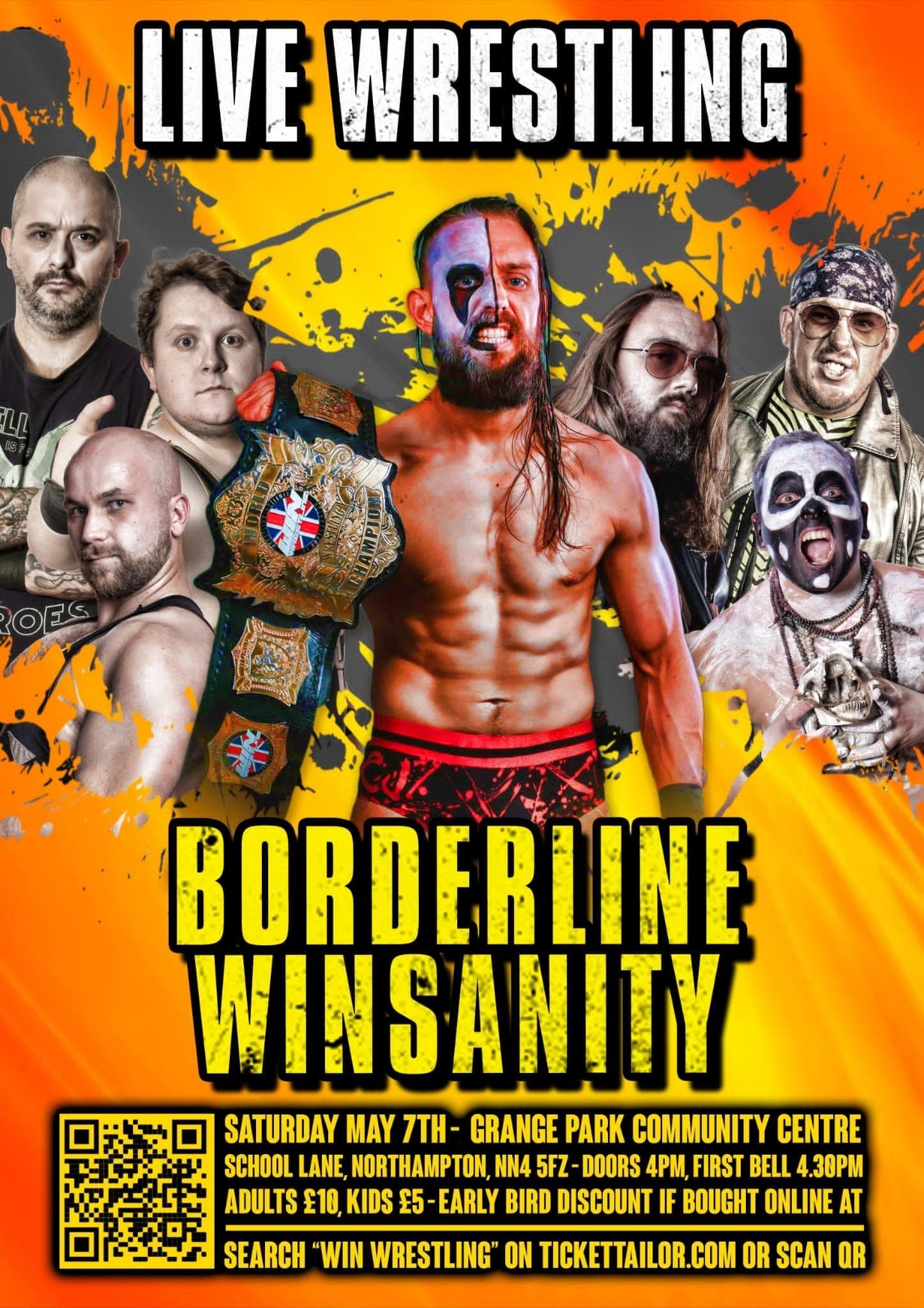 A poster losely based around the designs of computer game Boarderlands that is predominantly orange and Yellow CJ Carter stands holding the WIN title surrounded by other wrestlers on the show.