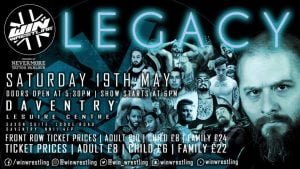 A poster with a blue tone featuring the faces of many wrestlers and the word Legacy