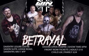 A dark poster with the word betrayal in the front at the bottom with what looks like a torn page with Noah Blade on ons side and ross lee on the other. with Bagheera and other wrestlers standing in the middle