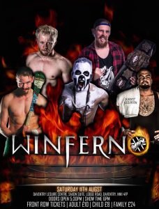 the word winferno sits on some flames in front of a posed Bagheera, Rocky Mac, Kent Nelson, Jack Starz and Noah Blade.