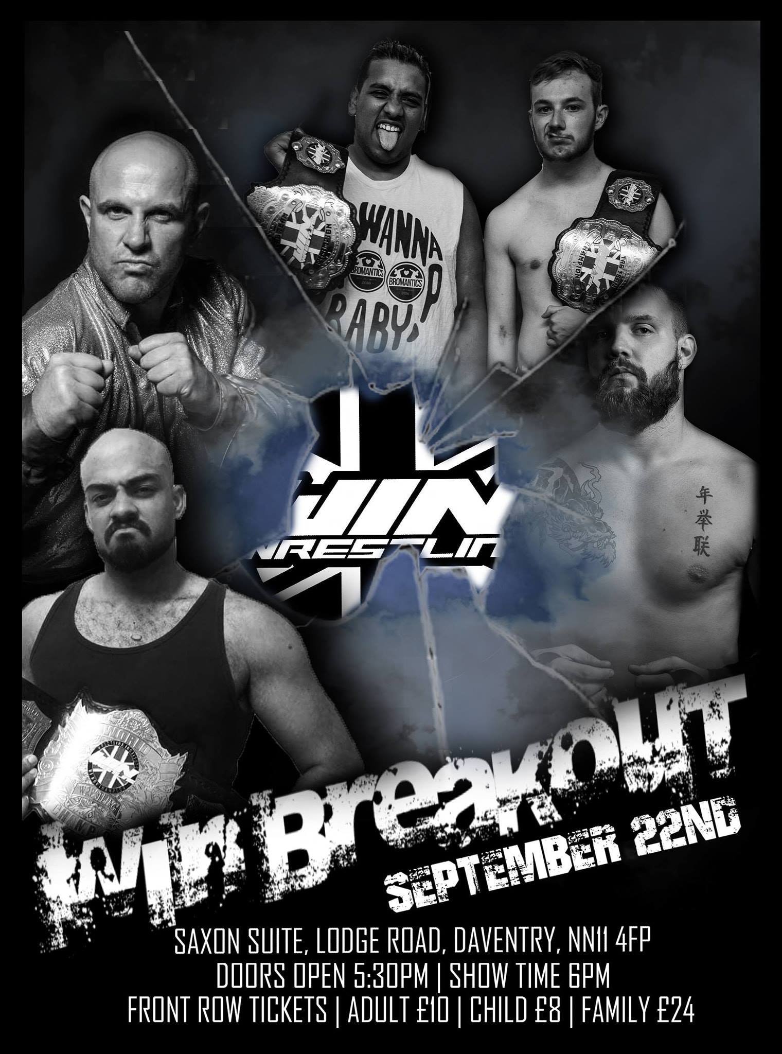 WIN Breakout poster the WIN Logo looks like it is breaking through the centre of the poster surrounded by Kent nelson, James Mason, The Bromantics, and the man known as fowler.