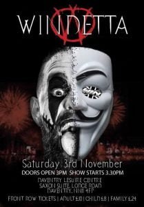 Windetta poser has the title of the show across the top followed by half of CJ carters face and half the Guyfalkes mask made famous by V for vendetta.