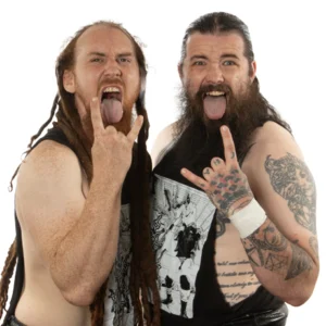 The tag team of the 666 pack stand together in rock poses