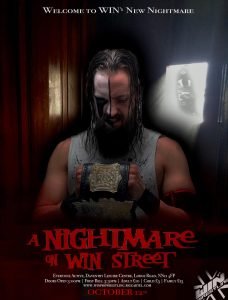 CJ carter stands looking menacingly at his WIN Championship in front of what looks like a spooky interior.