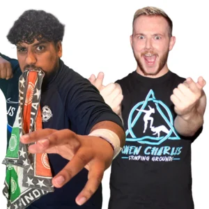 A collaged picture of Shogun J and Owen Charles The Bromantics. both are wearing black shirts J has a towel with references to the India flag and Owen's shirt has his name and the words stomping grounds on it with a logo.