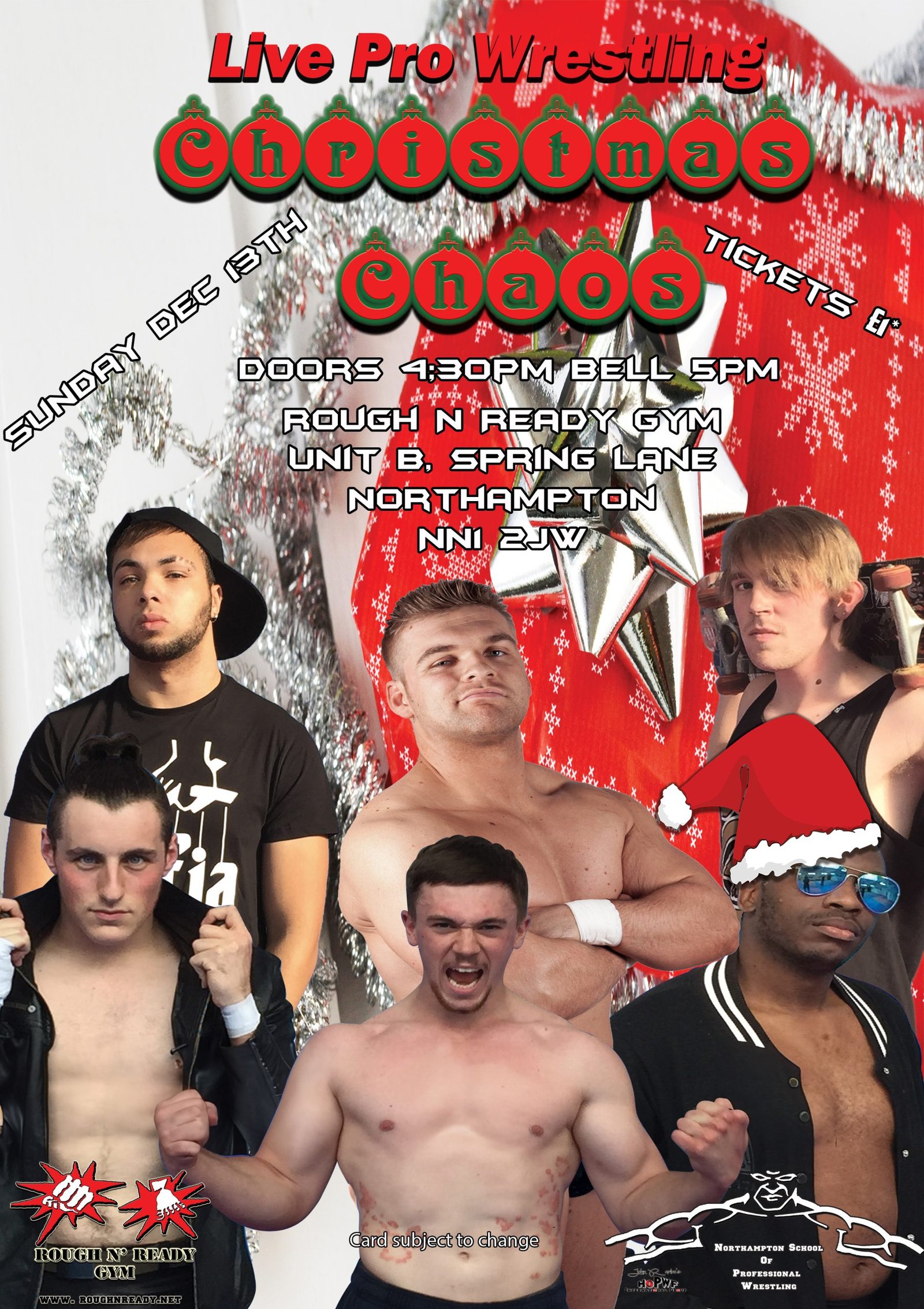 A christmas background of wrapping paper and tinsel with Antony Mafia Cy Gregory, Noah Blade, George James, Ross Lee and Morgan Black wearing a Christmas hat with the information about Christmas chaos above them