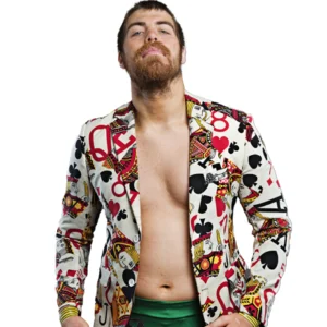 Davey wearing a white Jacket covered in playing cards and green trunks with question marks on.