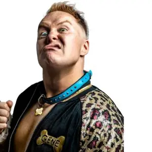 Gene Munny pulling a contorted face while wearing a blue dog collar with his name engraved on a gold bone. with a leopard print jacket.