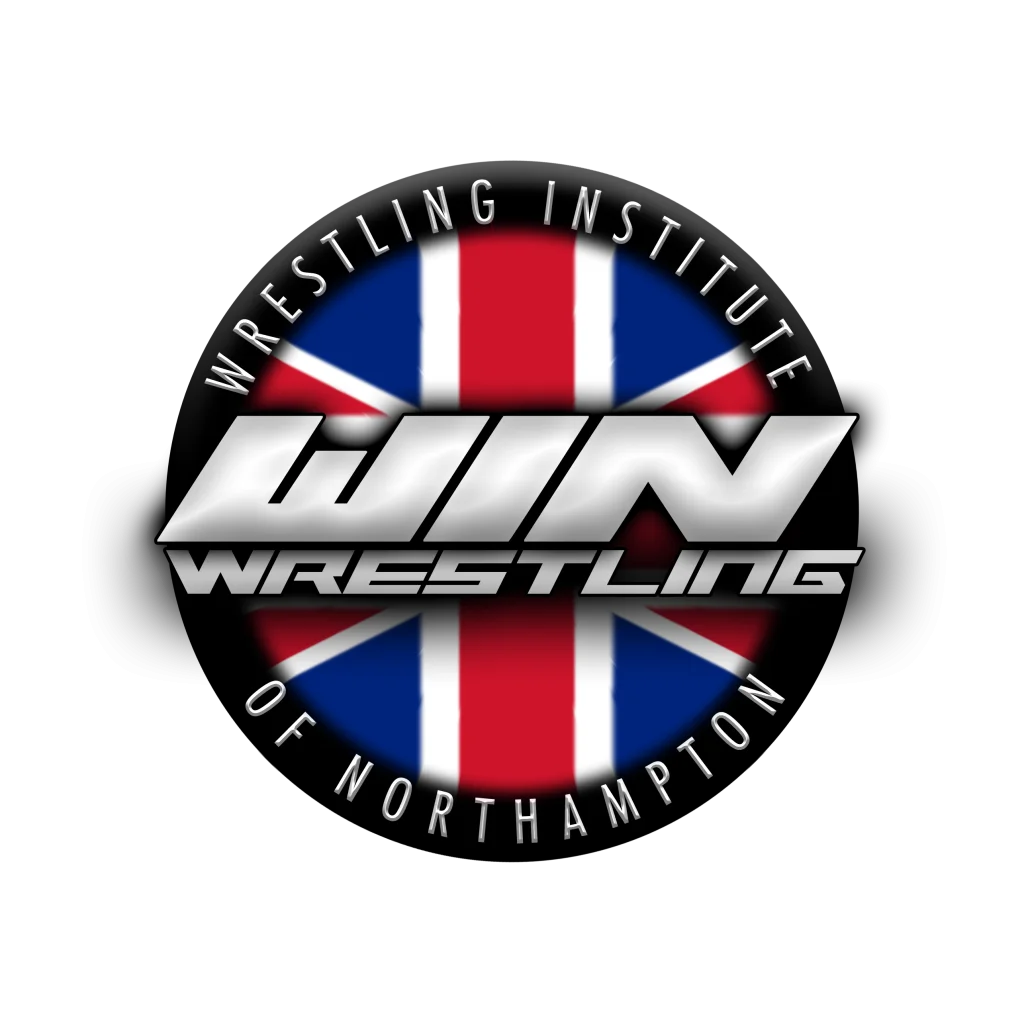 The original win wrestling union jack flag circle logo with the words win wrestling across the middle and the words wrestling institute of Northampton in a black ring around the outside.