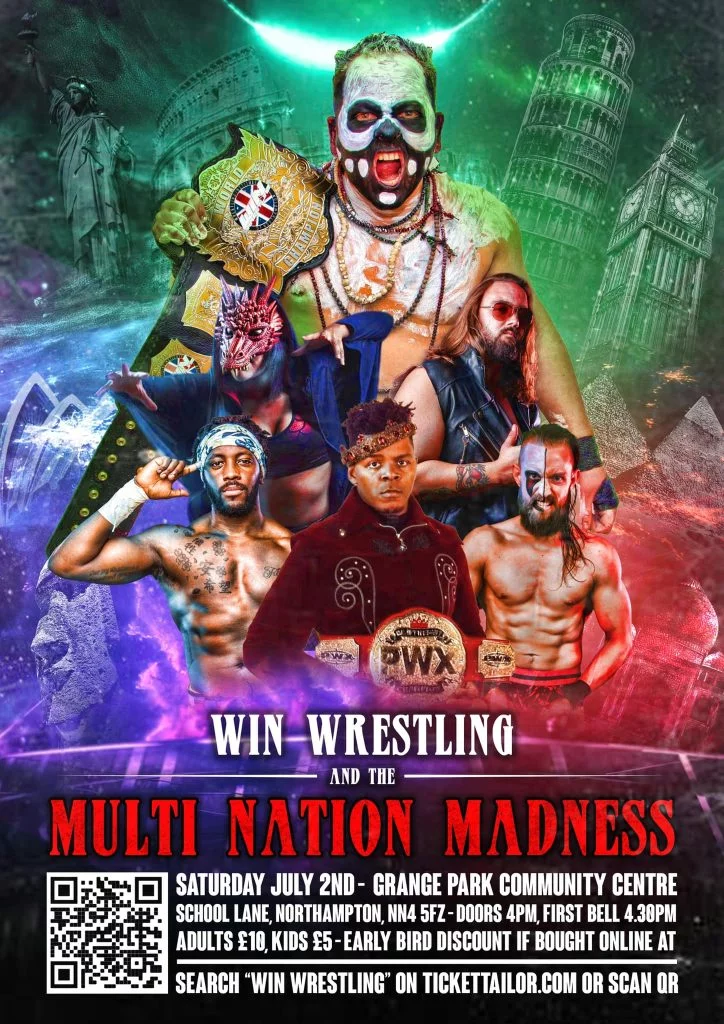 Poster Win Wrestling in the Multi Nation Madness featuring then WIN CHampion Bagheera, Mia Cortez, David Grant, Warren Banks , TJ Sykyes and CJ Carter