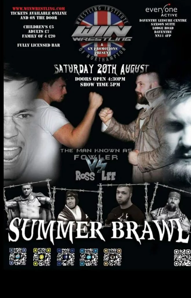 the poster for the Summer Brawl event in 2016 featuring Ross Lee and The Man known as Fowler in a stand off with pictures of The Spartan Warrior, Vintage Ben Shelly, Anthony Mafia and Dean Graves