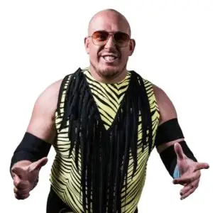 Sunset Skip wears a fluorescent zebra top with black tassels and sunglasses