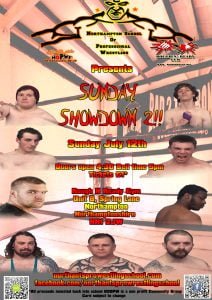 A red and orange poster similar to Sunday Showdown 1 but this time wrestler surround the text rather than being under it.