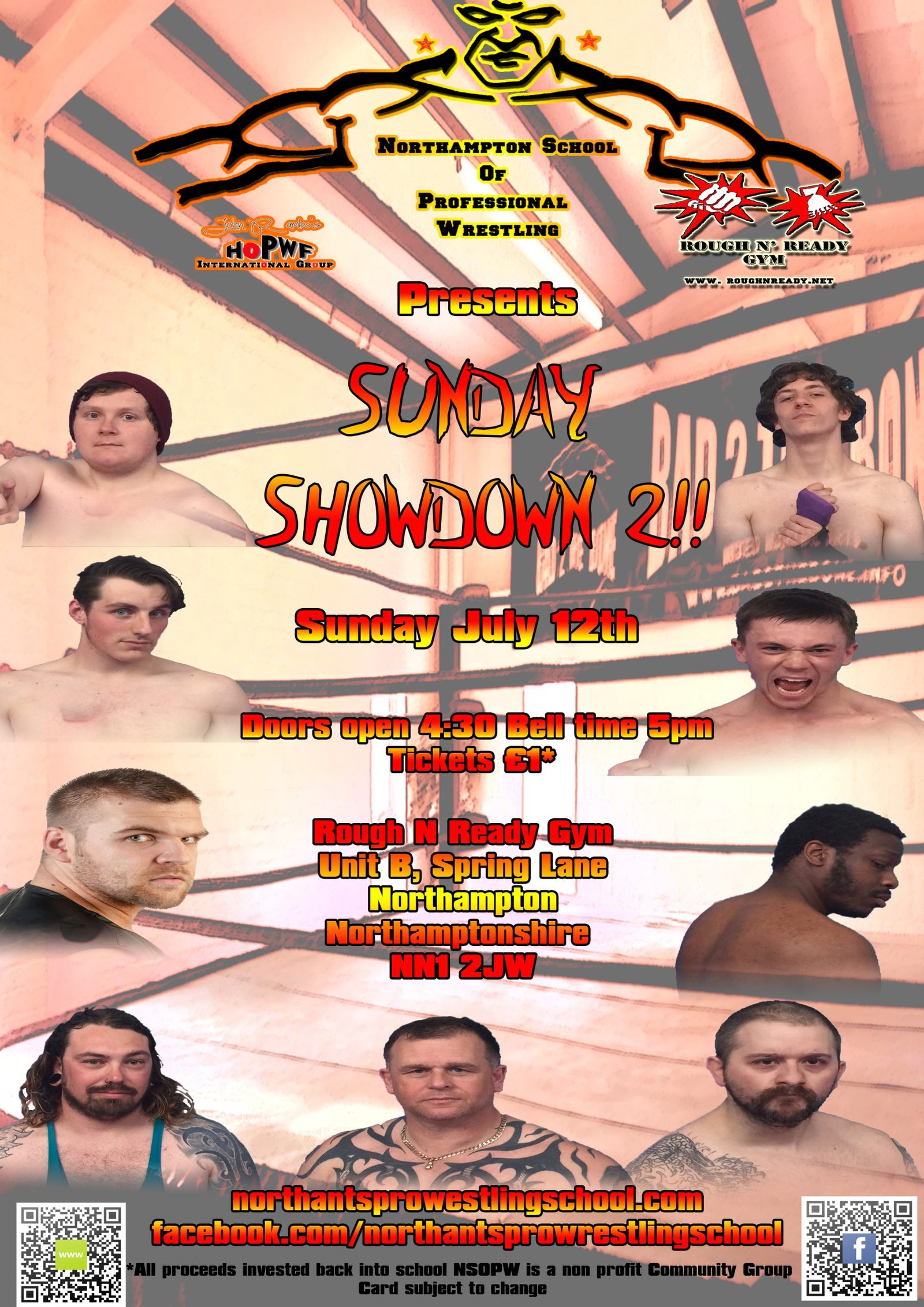 A red and orange poster similar to Sunday Showdown 1 but this time wrestler surround the text rather than being under it.