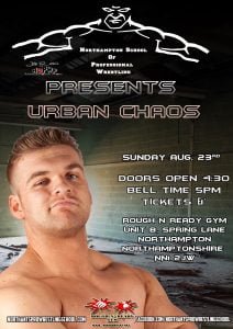 Cy Gregory stands super imposed over a derelict warehouse with all the logos and show details for Urban Chaos surrounding him