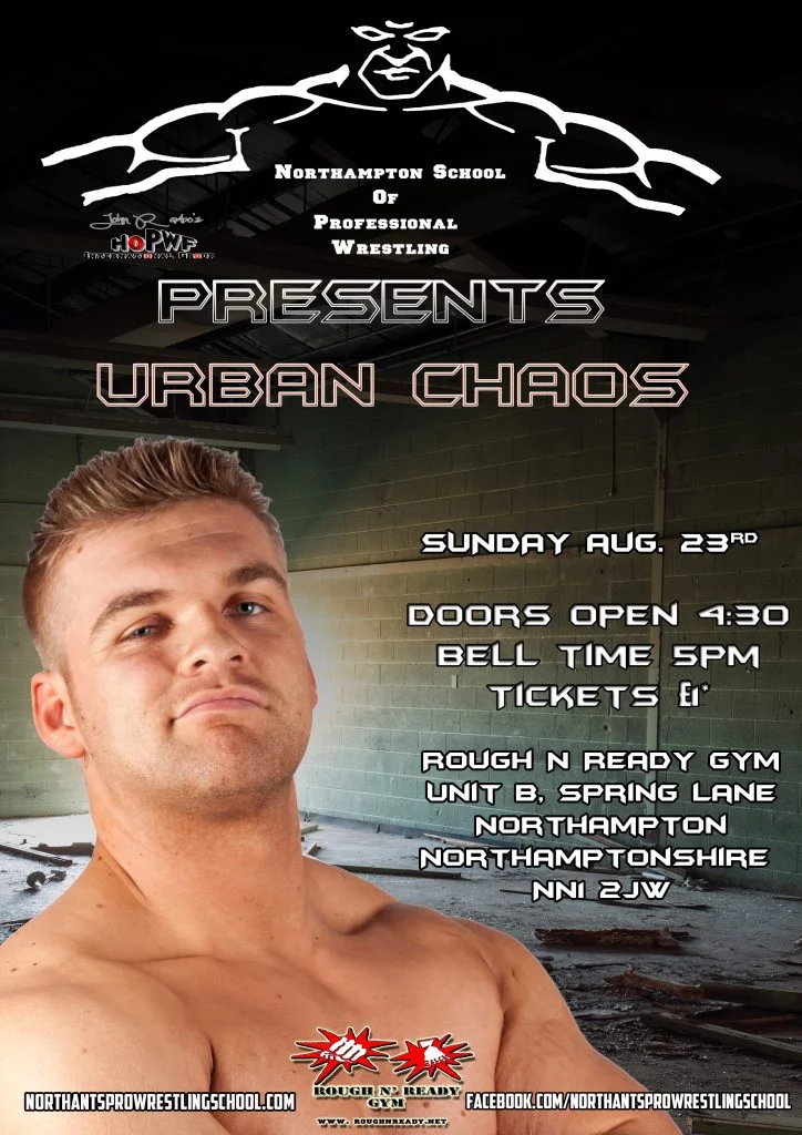 Cy Gregory stands super imposed over a derelict warehouse with all the logos and show details for Urban Chaos surrounding him