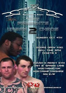 Morgan Black, George James and the Spartan Warrior stand in front of a city scape with all the show information for Urban Chaos 2