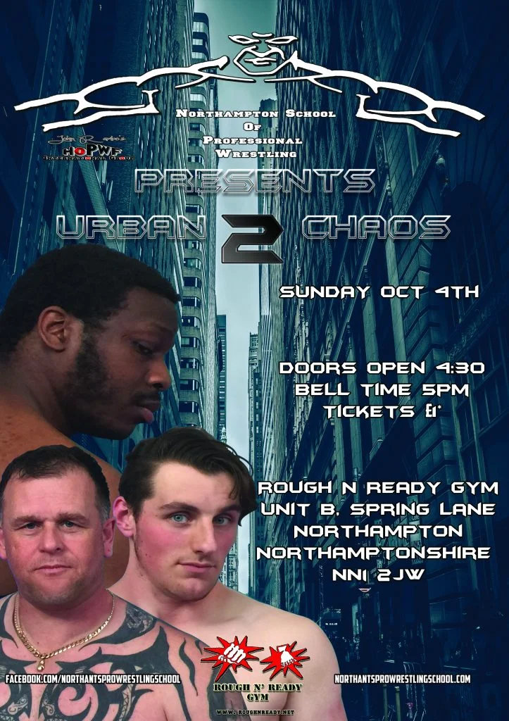 Morgan Black, George James and the Spartan Warrior stand in front of a city scape with all the show information for Urban Chaos 2