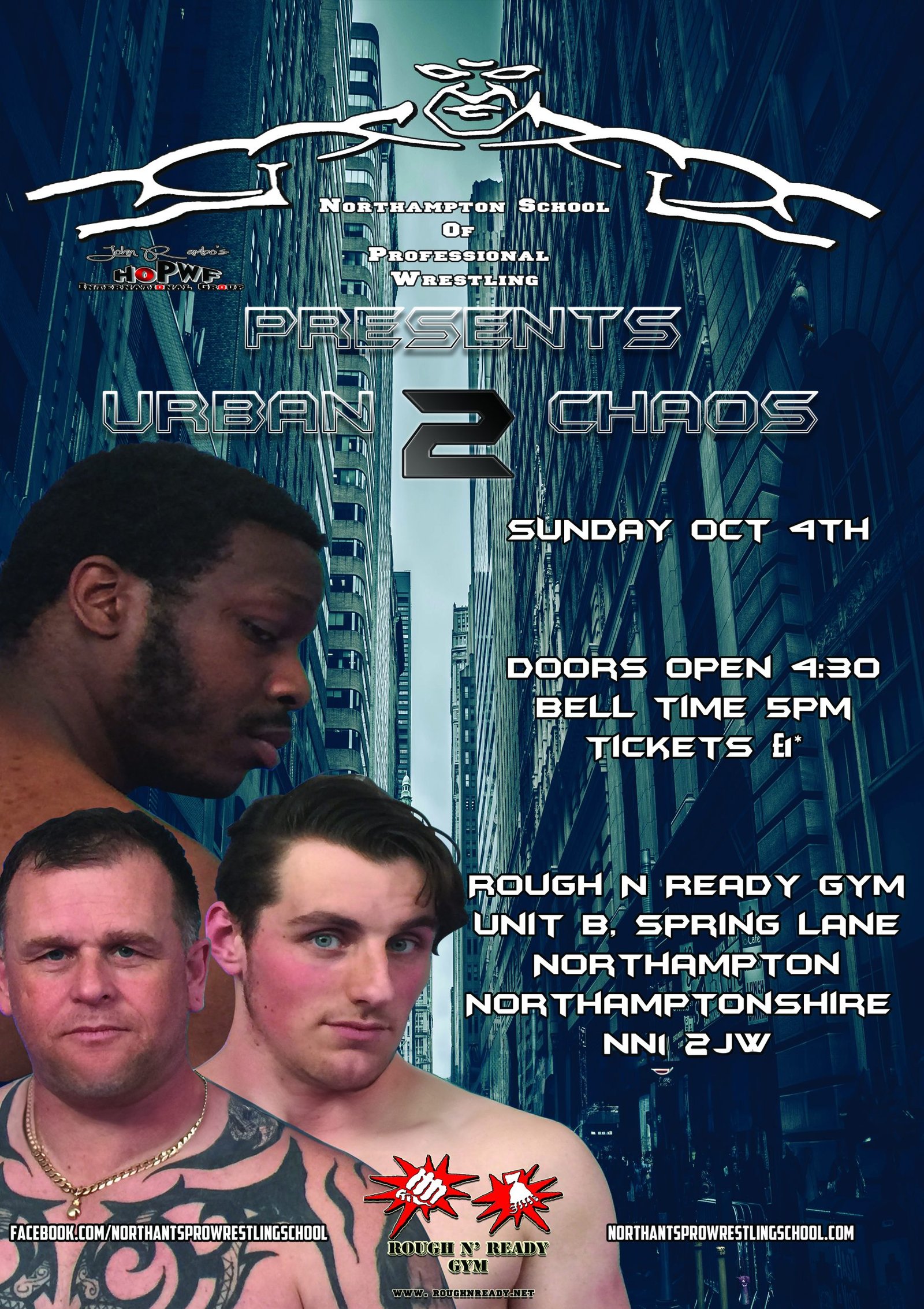 Morgan Black, George James and the Spartan Warrior stand in front of a city scape with all the show information for Urban Chaos 2