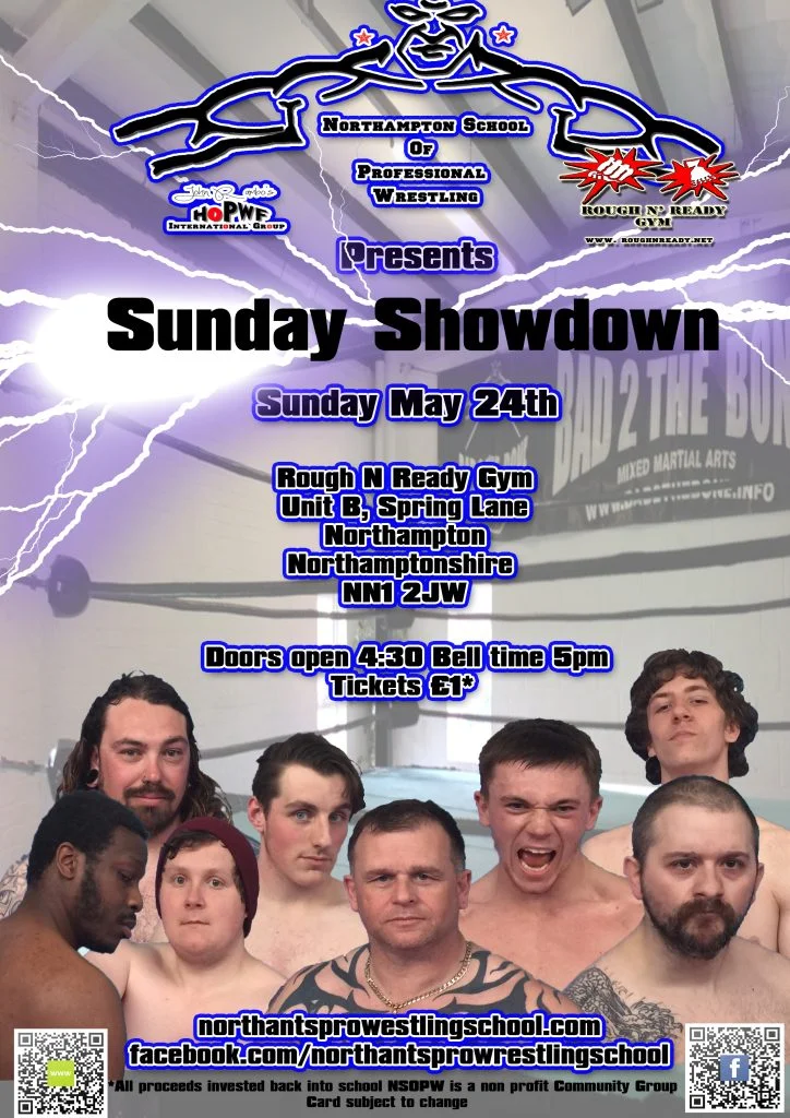 A busy poster with the logo of the Northampton School of Professional wrestling and a selection of young wrestlers