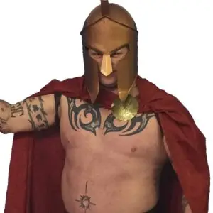 Spartan warrior wearing a gold helmet and red cape