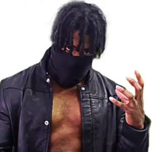 Stealth has dreads and wears a black face mask and open black leather jacket