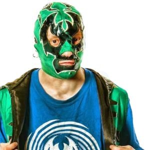 Twister is wearing a green luchador mask with black details around the mouth and eyes. H is waiting a waist coat to match and a blue t-shirt with his logo on.