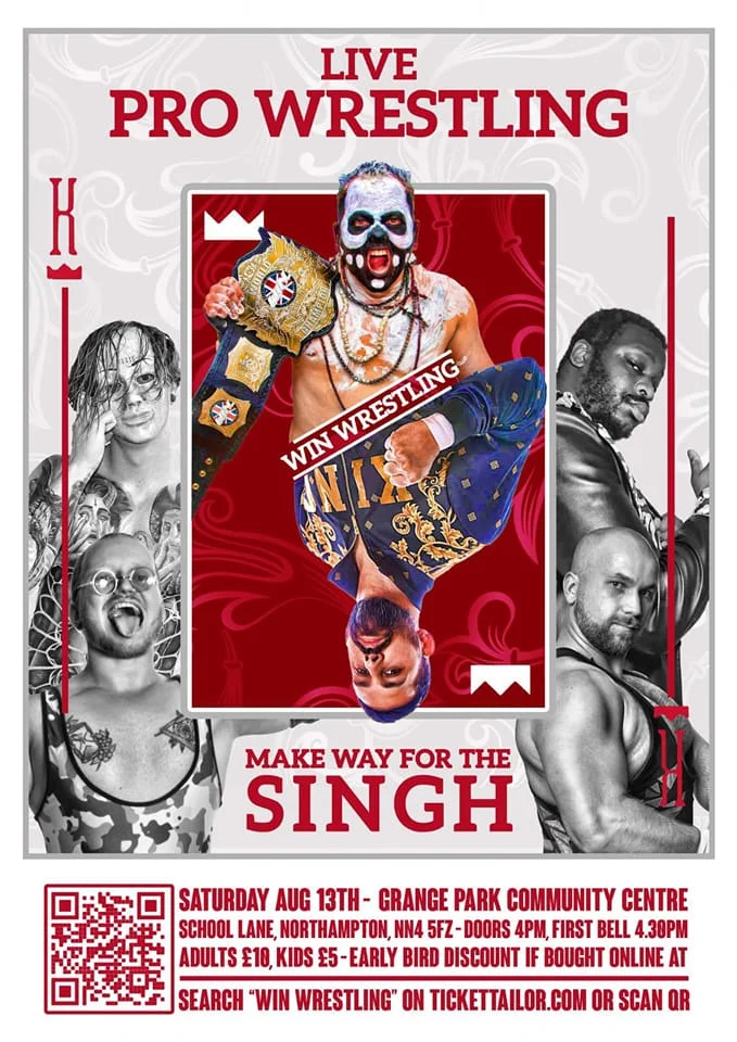 Poster of Make way for the Singh. We see a stialized king playing cared featuring WIN Champion Bagheera and RJ Singh. they are suround by black and white pictures of Allister Sixx, Jason Joshua, Morgan Black and Kyle Kingsley