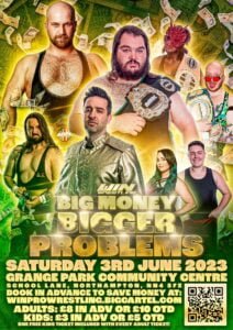 Big Money Bigger Problems in gold writing on a nackground of Money falling Featuring Money Mountian, The Main Event Family, David Grant, Mia Cortez and Kyle Kingsley