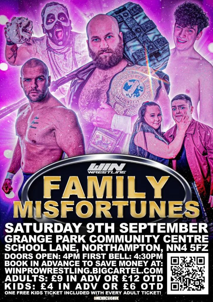 on a mainly purple background made to look like a game show similart to family fortunes is Kyle Kingsley, sruonded by Bagheera, Connor Allbright, Cy Gregory, and the Main Event Family