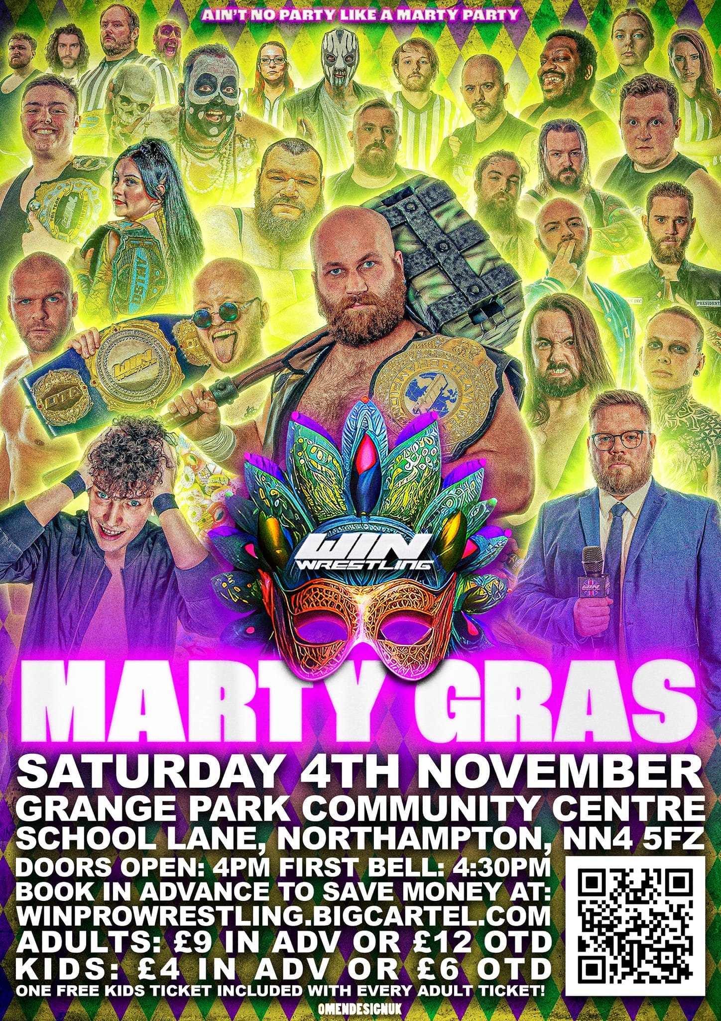 A mixture of purple lime green and yellows make up the Marty Gras poster featuring just about every person involved in WIN With Kyle Kingsley, Marty Samuels and Connor Allbright at the front