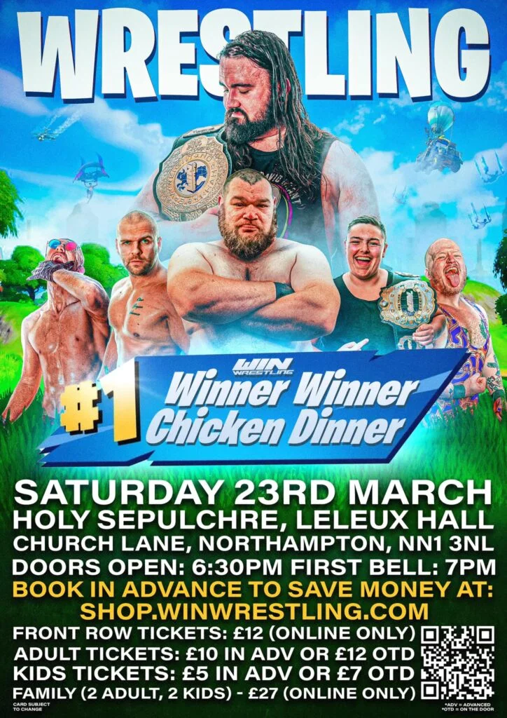 The poster for the show Winner WInner Chicken Dinner on the 23rd of March 2024 featuring Hustle Malone, Cy Gregory, Liam McCarthy Joey Cement amd Jason Joshua