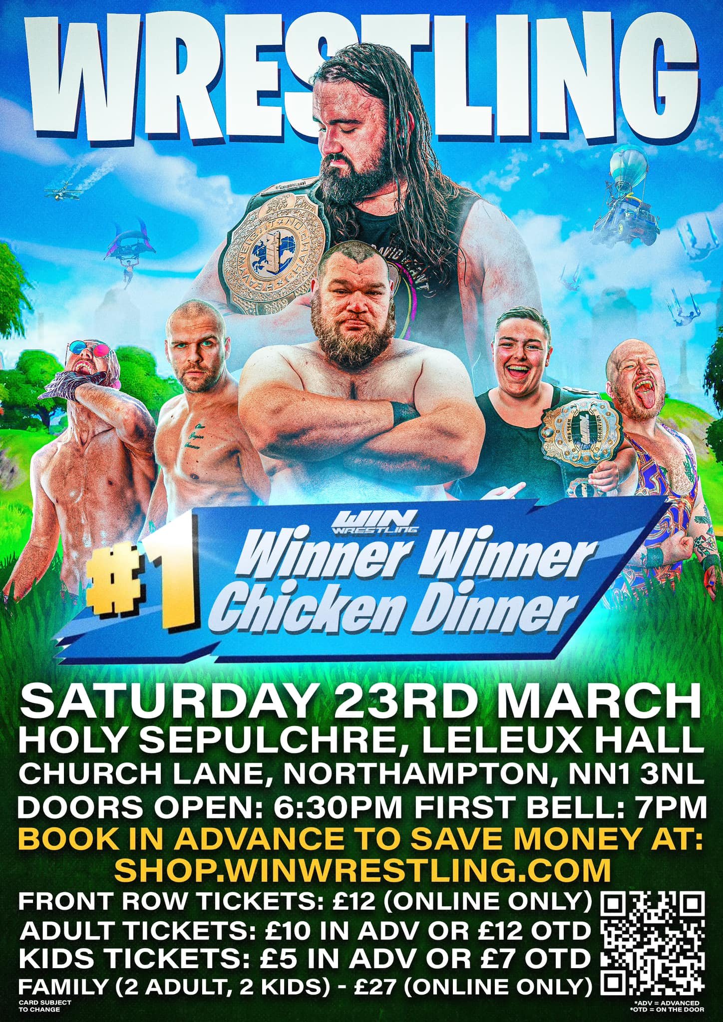 The poster for the show Winner WInner Chicken Dinner on the 23rd of March 2024 featuring Hustle Malone, Cy Gregory, Liam McCarthy Joey Cement amd Jason Joshua