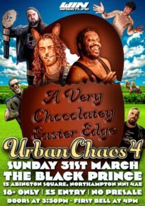 an easter themeed poster featuring a big chocolate easter eg with a morphewd into a bunney dan edge, and morgan black inside along with various other wrestlers dotted around and easter scene.