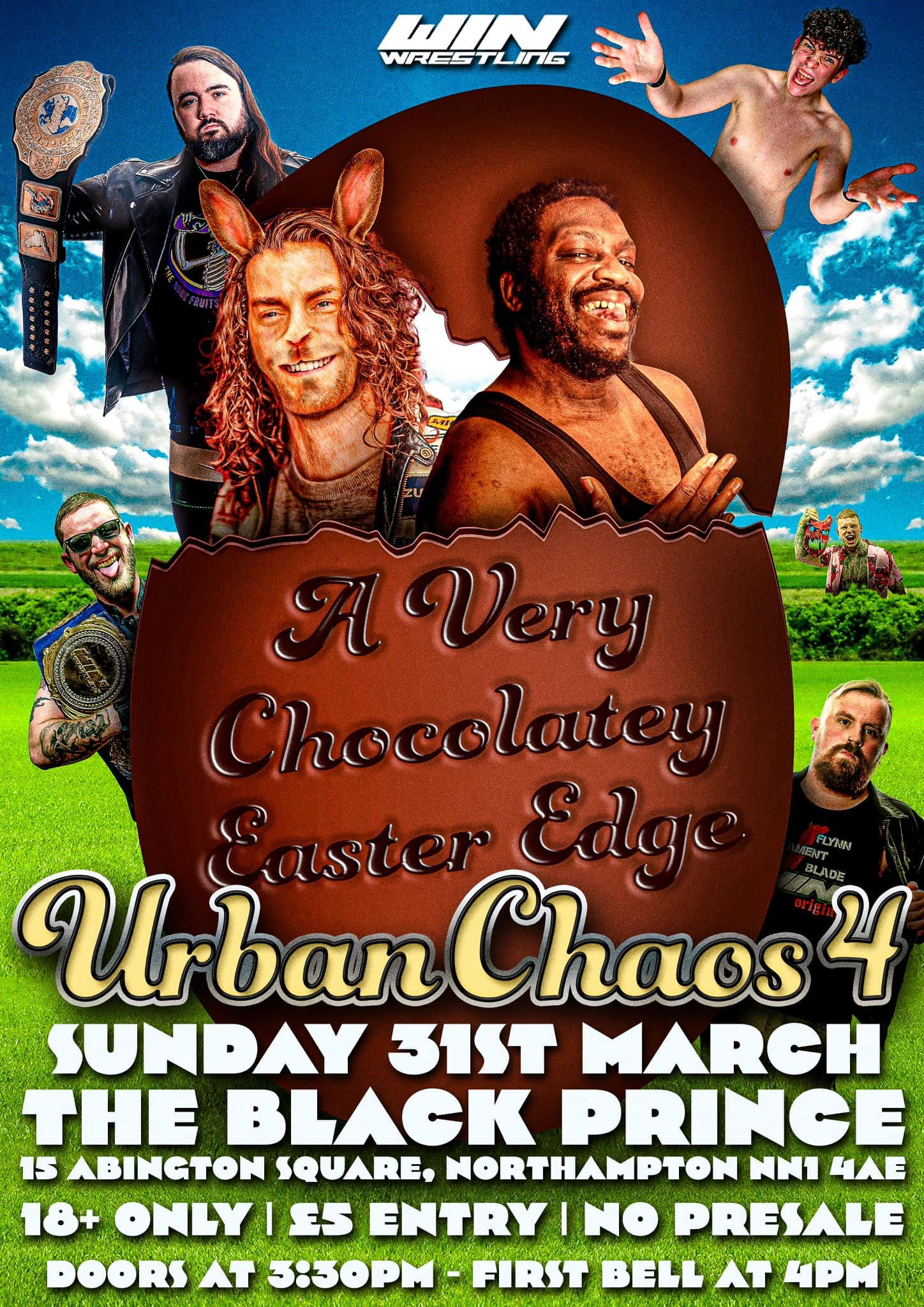 an easter themeed poster featuring a big chocolate easter eg with a morphewd into a bunney dan edge, and morgan black inside along with various other wrestlers dotted around and easter scene.