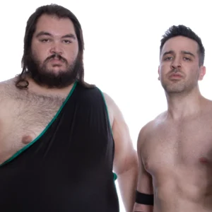 The greek giant Gallas and Cash Money Sash stood next to each other posed