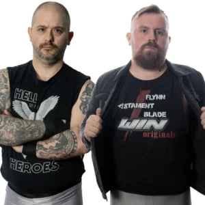 Darryl Flynn and Noah Blade stand in black t-shirts one reading hel for heroes the other the win orgionals shirt.