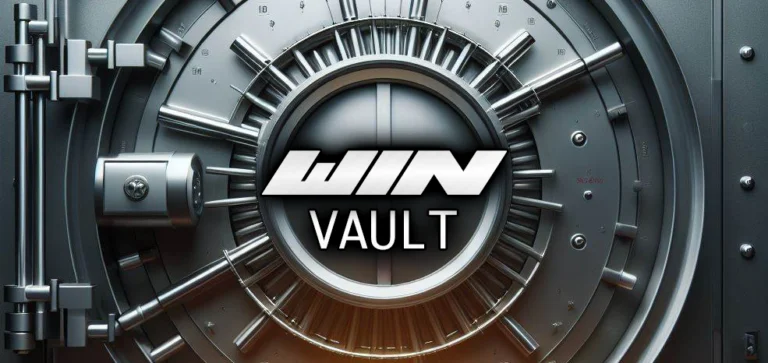 A big silver vault door with the words WIN vault written on the front