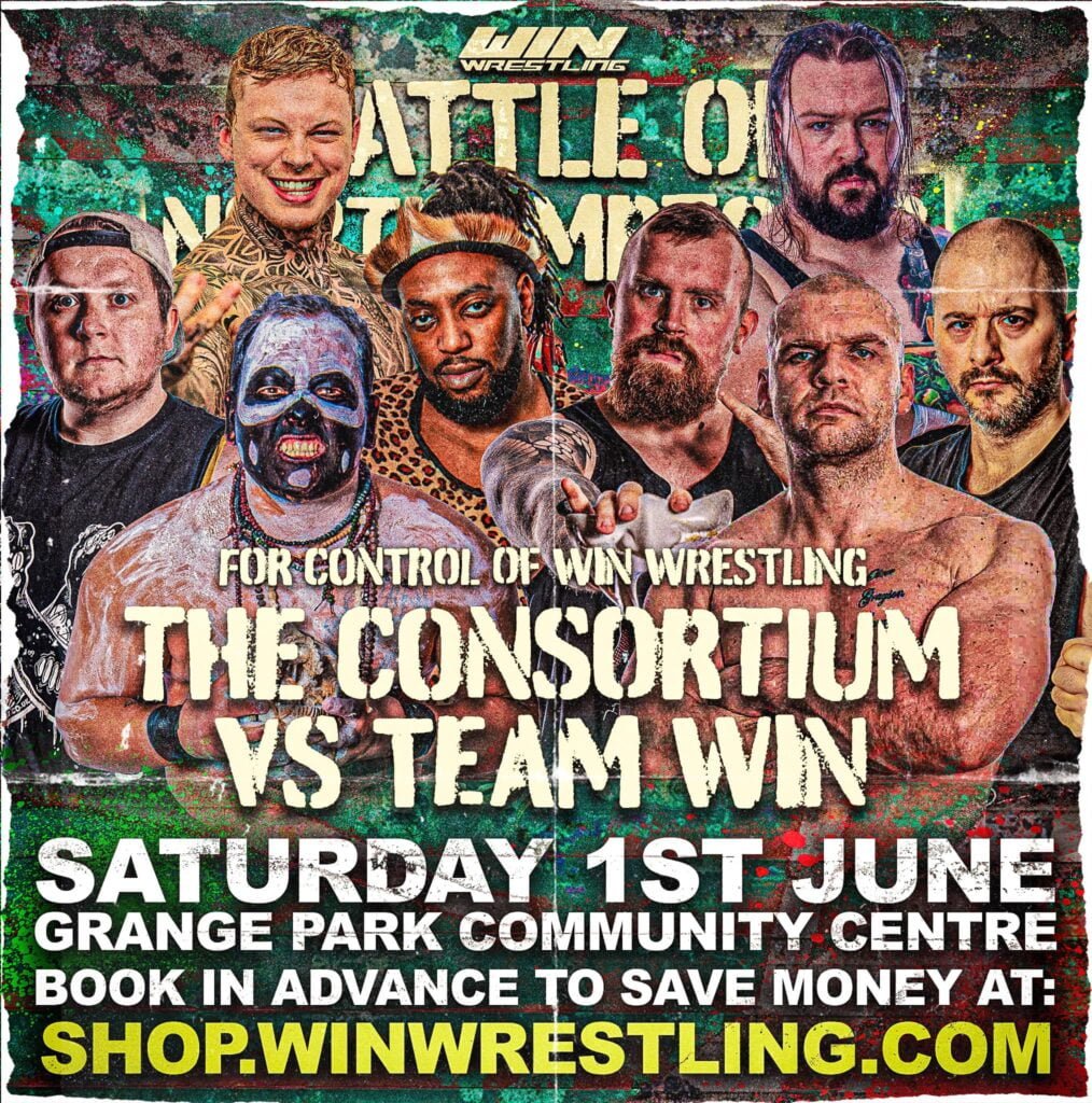 Noah Blade & Darryl Flynn aka The Originals, Cy Gregory and Razor on the right stand opposite Joseph Testament,Bagheera, Zanda Zulu, and Alistar Sixx on a graphity style background and the words the Consortium vs Team WIN
